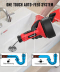 Auto Feed Drain Snake Auger Extension Tube Bathroom Kitchen Sink Plumbing Aid in red, showing one touch auto-feed system.