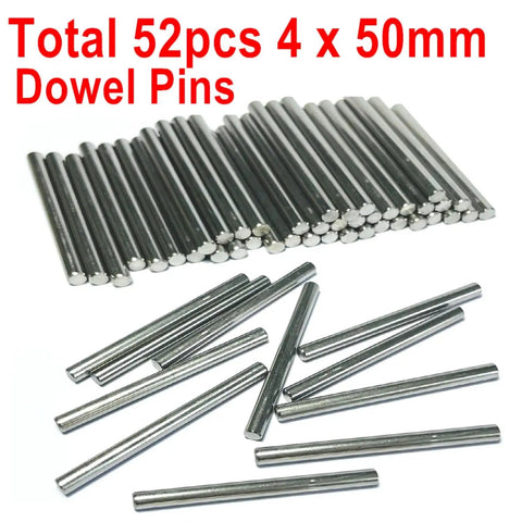 52 Piece 4Mm By 50Mm Dowel Pins Set In 304 Stainless Steel for DIY Shelves and Bunk Beds, shown stacked and scattered on surface.