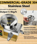 Commercial Grade Cold Press Electric Oil Extraction Machine With 1500W Motor And Quiet Design Yielding Five To Nine Kilograms Per Hour For Olive Peanut Coconut Sesame And Almond Nuts Great For Home Use, 235mm hopper and stainless steel.
