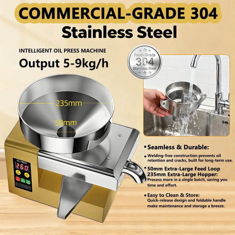 Commercial Grade Cold Press Electric Oil Extraction Machine With 1500W Motor And Quiet Design Yielding Five To Nine Kilograms Per Hour For Olive Peanut Coconut Sesame And Almond Nuts Great For Home Use, 235mm hopper and stainless steel.