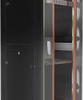 Built Tough 37U Server Rack Cabinet with transparent door, heavy casters, and airflow vents for secure storage.