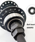 Rear Hub For Bicycle 36 Hole Wide 135mm Aluminum Alloy Double Thread Three Eighth Inch Axle Black Fits Rotary Freewheel Twenty One Twenty Four Speed Compatible Ball Bearing Wheel Part For Mountain And Road Bikes with close-up on ball bearing