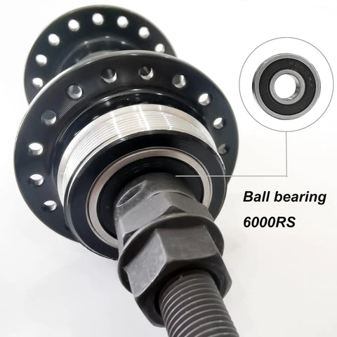 Rear Hub For Bicycle 36 Hole Wide 135mm Aluminum Alloy Double Thread Three Eighth Inch Axle Black Fits Rotary Freewheel Twenty One Twenty Four Speed Compatible Ball Bearing Wheel Part For Mountain And Road Bikes with close-up on ball bearing