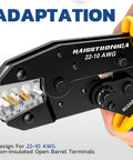Close-up of Pro Grade Crimping Tool For Non Insulated Open Barrel Terminals And Receptacles Ratchet Wire Crimper for AWG 22 to 10.