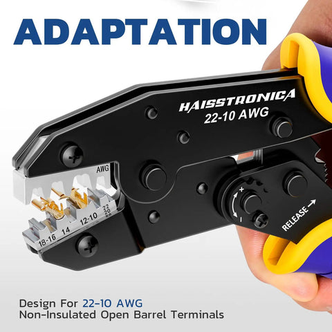 Close-up of Pro Grade Crimping Tool For Non Insulated Open Barrel Terminals And Receptacles Ratchet Wire Crimper for AWG 22 to 10.