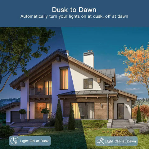 House with dusk to dawn lighting controlled by 2 In 1 Outdoor Smart Dimmer Plug With Dual Outlets For Outdoor String Lights