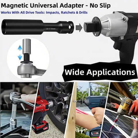 Kick Your Auto Repair Game Up With These Tough Low Profile Impact Socket Adapters From 3/8 To 1/2 Inch Featuring Magnetic Drive And High Temp Quench Steel For Tight Spot Jobs. magnetic universal adapter shown with impact wrench and drill use