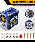 NMRV040 Worm Gear Reducer 30 To 1 with flange input, 14mm and 18mm shafts, Nema 34 flange mount, shown with bolts and fittings