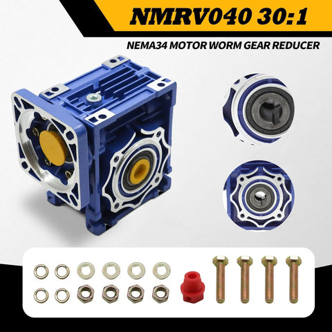NMRV040 Worm Gear Reducer 30 To 1 with flange input, 14mm and 18mm shafts, Nema 34 flange mount, shown with bolts and fittings