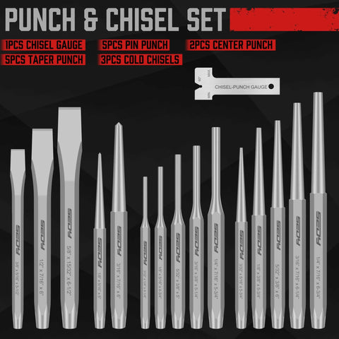 16 Piece Precision Punch And Chisel Set With Taper Punch Pin Punch Center Punch Cold Chisels And Gauge For Versatile Woodworking And Metalworking Projects Built With Rugged Heat Treated Chrome Vanadium Steel And A True Workhorse Build