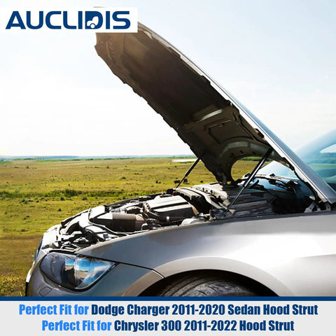 Front Hood Lift Support Struts installed on car with open hood in scenic landscape, OEM fit for Dodge Charger 2011-2020 Sedan and Chrysler 300 2011-2022