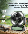 Beast Camping Fan With Light 20000mAh Battery Up To 112 Hours Run Time on wooden table, digital display visible