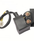 Close-up of a relay starter solenoid from the All In One Ignition Coil CDI Box With Voltage Regulator Rectifier Relay Starter Solenoid Spark Plug And Ignition Switch Key Set For 50cc To 125cc Chinese ATVs Dirt Bikes And Go Karts, featuring wiring and connectors, suitable for 50cc to 125cc Chinese ATVs, dirt bikes, and go-karts.