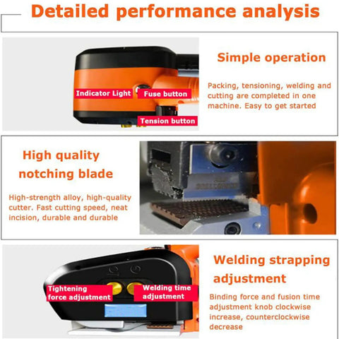 Real Deal Portable Electric Strapping Machine Automatic Hot Melt Welding Tool Battery Powered Handheld Banding Kit close-up features operation buttons.