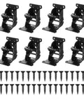 Heavy Duty Pack Of Eight Folding Brackets With Self Locking Hinges And Ridiculously Secure Non Slip Pads For Solid Table Bed Or Desk Leg Support That Folds Flat arranged in two rows with screws.