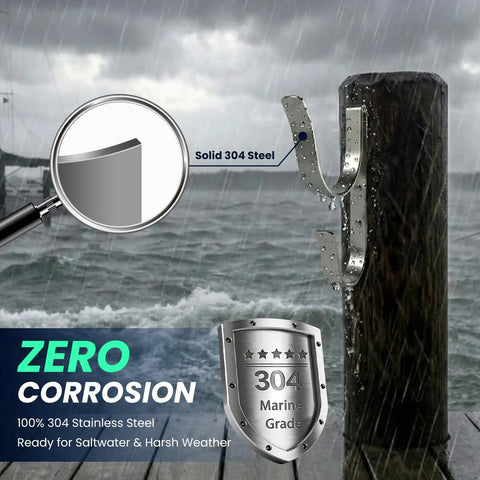 Rock-Solid 304 Stainless Steel Life Buoy Holder Mount on dock, highlighting corrosion resistance with magnified steel view.