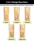 5-in-1 design barn doors featuring classic, single X, double X, left arrow, and right arrow styles with decorative panels.