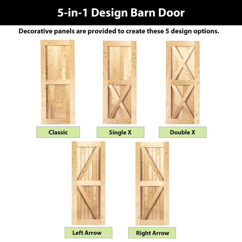 5-in-1 design barn doors featuring classic, single X, double X, left arrow, and right arrow styles with decorative panels.