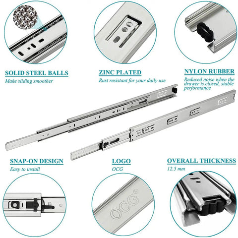 20 Inch Full Extension Drawer Slides, 5 Pairs, Side Mount, Ball Bearing, 100 Lb Capacity, shown with components and features