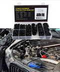 Rubber Grommet Kit With 170 Pieces For Auto Wiring Protection 7 Popular Metric Sizes From 7.14mm To 25.40mm Assorted Grommets For Electrical Wiring Projects High Strength Flexible Rubber Keeps Cables Safe And Neat. open case with black rubber grommets for car wiring