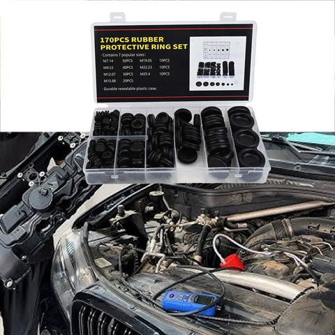 Rubber Grommet Kit With 170 Pieces For Auto Wiring Protection 7 Popular Metric Sizes From 7.14mm To 25.40mm Assorted Grommets For Electrical Wiring Projects High Strength Flexible Rubber Keeps Cables Safe And Neat. open case with black rubber grommets for car wiring