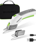 WORKPRO Cordless Electric Scissors With Dual Sharp Blades, Rechargeable Power Shears, and charging cable.