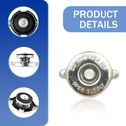 16 PSI Universal Radiator Cap With Tight Seal Waterproof and Leakproof Safety Water Tank Lid Heavy Duty Metal Engine Cooling Cover Replacement For Most Cars Silver, showing top and side views with sealing mechanism