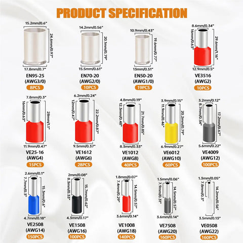 Image showing specifications of 1000Pcs Dope Wire Ferrules And Crimp Terminals Kit Silver Plated Copper Connectors in 14 sizes.