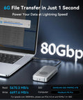 No Sweat Setup M.2 NVMe SSD Enclosure With Blazing 80Gbps Thunderbolt 5 Support next to a MacBook, showcasing high speed transfers.
