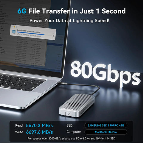 No Sweat Setup M.2 NVMe SSD Enclosure With Blazing 80Gbps Thunderbolt 5 Support next to a MacBook, showcasing high speed transfers.