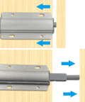 2 Pack Push To Open Aluminum Cabinet Latches showing open and closed positions, no knob, silver finish, for cabinets, drawers, wardrobes
