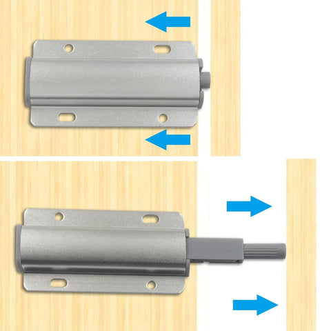 2 Pack Push To Open Aluminum Cabinet Latches showing open and closed positions, no knob, silver finish, for cabinets, drawers, wardrobes