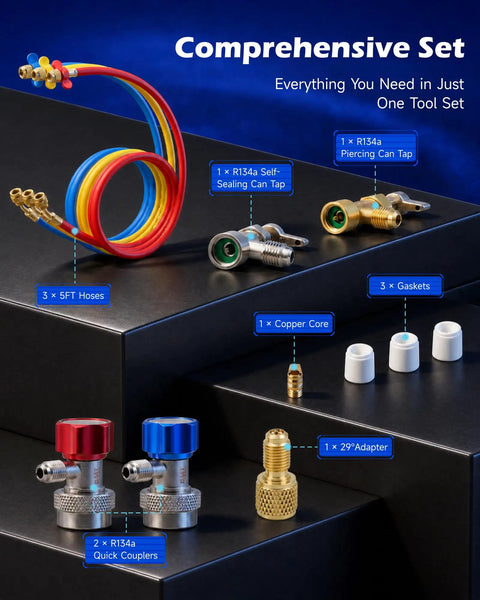 3 Way AC Manifold Gauge Set With 5 Ft Hoses For R12 R134a R502 R22 Systems, Pro Grade, High Accuracy 2.6 Inch Gauges, Includes R134a Couplers, 29 Degree Adapter, Piercing And Self Sealing Can Taps, Complete AC Service Kit showing hoses and adapters