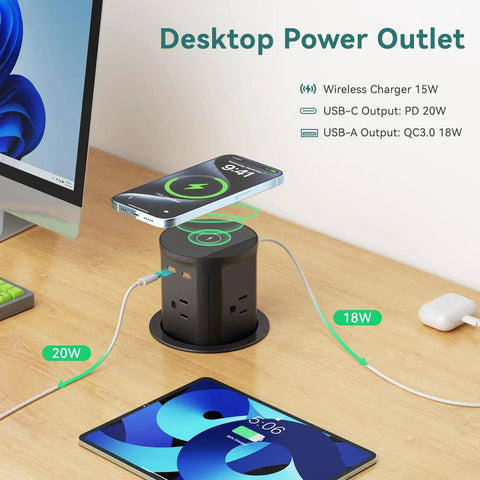 Pop Up Outlet With Wireless Charger And USB C Slick Retractable Recessed Power Station featuring phone and tablet charging on desk