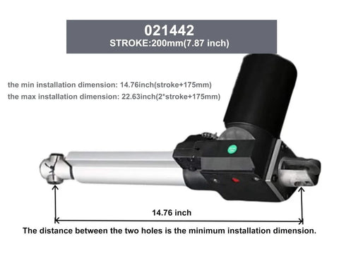 Beefy Heavy Duty 1320 Lbs 6000 N 24 V DC Linear Actuator With 8 Inch Stroke, aluminum body, shown with measurements in inches