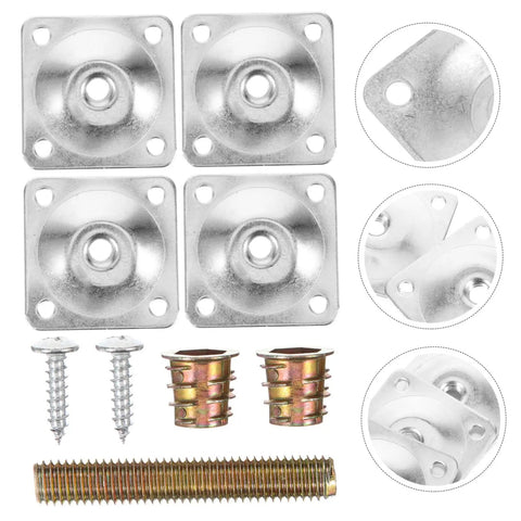 Heavy Duty Metal Mount Plates For Sweet Zero Hassle Table Leg Swaps 20 Piece Furniture Connector Kit With Secure Lock Design showing four metal plates and hardware.