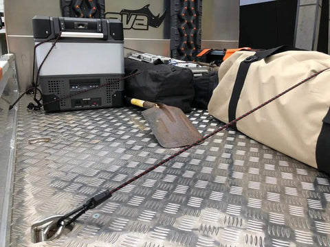 Heavy Duty Adjustable Bungee Cords With Hook And Carabiner, 48 Inch Unstretched, securing gear on truck bed with tools