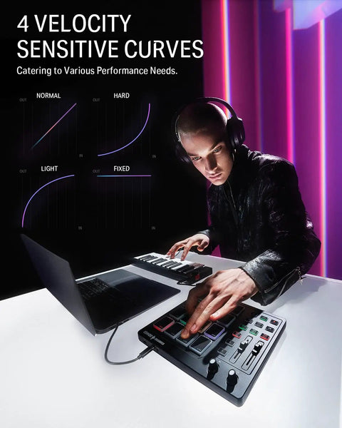 Person using Studio Grade MIDI Pad Beat Maker Drum Machine With 16 Backlit Pads, 3 Pad Banks, USB MIDI Controller next to laptop.