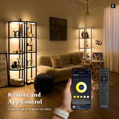Living room setting with LED Display Shelf With Dimmable Lighting For Collectibles, App And Remote Control, showcasing treasures.