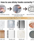Diagram showing steps for using sticky hooks on various surfaces like tile, glass, metal, wood, and marble.
