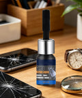 Universal Phone Screen Crack Repair Liquid And Scratch Filler Fluid for Smashed Glass Display Restoration on a desk with smartphones.