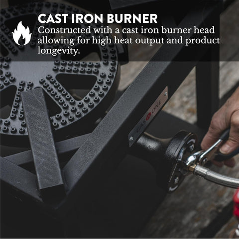 Cast iron burner of B5350A Propane Burner Cooker Heavy Duty Outdoor Stove With Steel Braided Regulator Hose 0 To 15 Psi Adjustable.