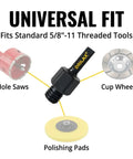 Universal Five Eighths To Three Eighths Drill Adapter Attachment With Threaded Arbor Shaft For Diamond Hole Saws And Sanding Tools Converts Five Eighths Inch Male To Three Eighths Inch Triangle Shank For Easy Home Renovations And DIY Reno Projects shown with hole saws, cup wheels, and polishing pads.
