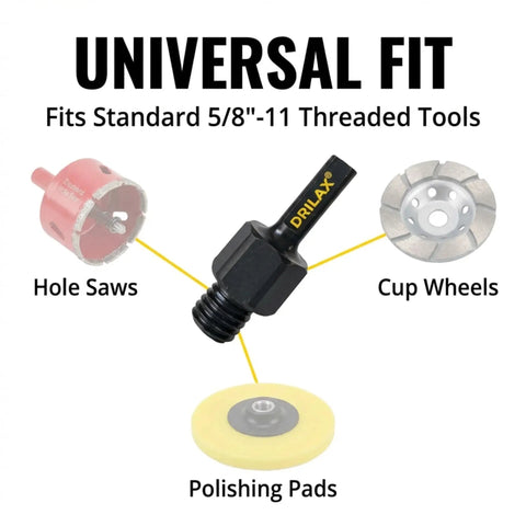 Universal Five Eighths To Three Eighths Drill Adapter Attachment With Threaded Arbor Shaft For Diamond Hole Saws And Sanding Tools Converts Five Eighths Inch Male To Three Eighths Inch Triangle Shank For Easy Home Renovations And DIY Reno Projects shown with hole saws, cup wheels, and polishing pads.