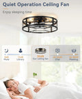 Quiet operation 20 inch caged ceiling fan with light and remote, low profile flush mount fandelier in black over sleeping person.