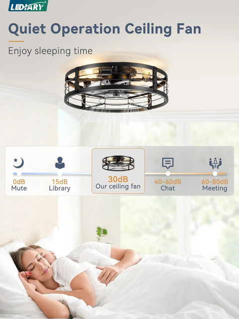 Quiet operation 20 inch caged ceiling fan with light and remote, low profile flush mount fandelier in black over sleeping person.