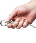 Close-up of hand holding Stage Lights Safety Cables Pack Of 10 Beefy Stainless Steel Cables for DJ Lights with carabiner