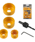 Six Piece Hole Saw Set With Arbor Adapter Makes Short Work Of Wood Metal Plastic Drywall Cutter Kit, including different size saws.