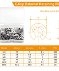 200Pcs M5 E Clip Circlip Retaining Rings Set Stainless Steel 304 External Snap Rings in box with size chart visible