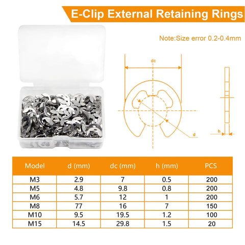 200Pcs M5 E Clip Circlip Retaining Rings Set Stainless Steel 304 External Snap Rings in box with size chart visible